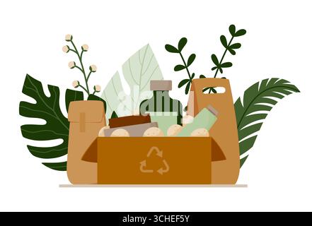 Recycled cardboard box with eco packaging - glass and paper containers, soap, and protective packing among leaves. Concept for sustainable shipping Stock Vector