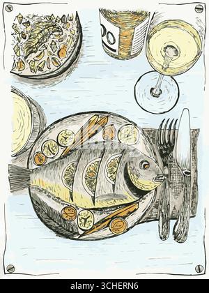 This vibrant vector sketch showcases a grilled fish garnished with lemon slices and vegetables on a plate, accompanied by a salad with shrimp, a glass Stock Vector