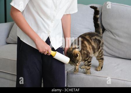 A child cleans his pants from cat hair with a clothes cleaning roller Stock Photo
