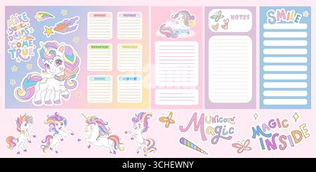 Weekly planner with cute happy unicorns. Kids schedule of classes ...