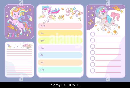 Set of to do list pages and empty notes sheets with cute space unicorns. Organization, time management for simple educational process. Magic horse org Stock Vector