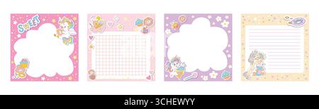 Printable pages and to do list with cute unicorns and sweets, print template. Organization, time management for simple educational process. Magic hors Stock Vector