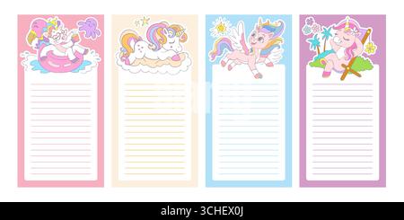 To do list printable pages cute unicorns on a background, print template. Organization, time management for simple educational process. Magic horse or Stock Vector