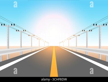 Electric Poles along the Road. Electric pylons. Electric Power Transmission. High Voltage Pylon. Vector Illustration. Stock Vector