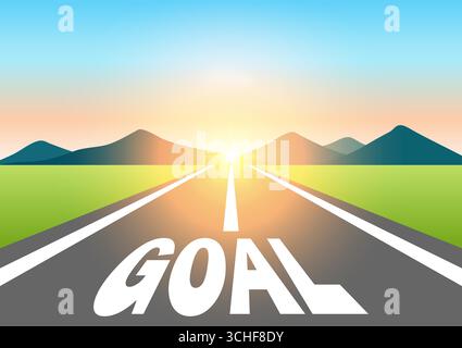 Goal. Goal written on asphalt road at Beautiful Sunrise and Mountain. Road to Goal. Vector Illustration. Stock Vector