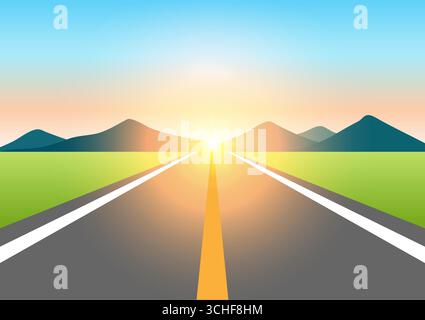 Empty Road with a field and mountain during sunrise or sunset. Vector Illustration. Stock Vector
