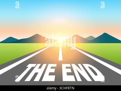 The end. The end written on asphalt road at Beautiful Sunrise and Mountain. Road to The end. Vector Illustration. Stock Vector