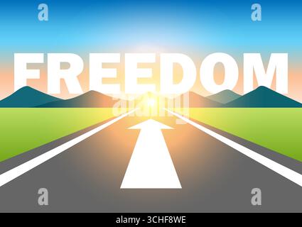 Freedom. Freedom written on asphalt road at Beautiful Sunrise and Mountain. Road to Freedom. Vector Illustration. Stock Vector