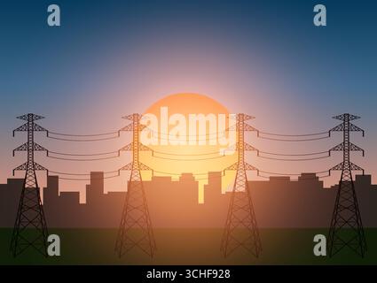 Electric tower in a city against Sunset. Electric pylons. High voltage pole. Power transmission tower Vector Illustration. Stock Vector
