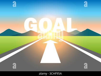 Goal. Goal written on asphalt road at Beautiful Sunrise and Mountain. Road to Goal. Vector Illustration. Stock Vector
