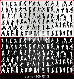 A collection of cricket player silhouettes in black and white showing various actions and poses on display Stock Vector