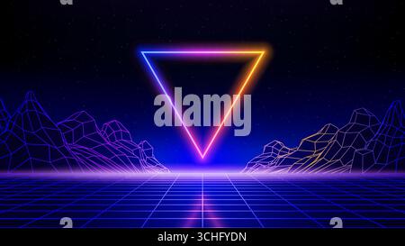 Retro futuristic abstract background. Synthwave 80s style poster. Neon triangle, laser grid, wireframe mountain. 3d digital backdrop, music template Stock Vector