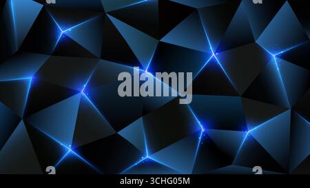 Dark low poly background. Abstract geometric metal backdrop, triangle. Concept of innovation. Sparkling light through shining lines. Blue triangles Stock Vector