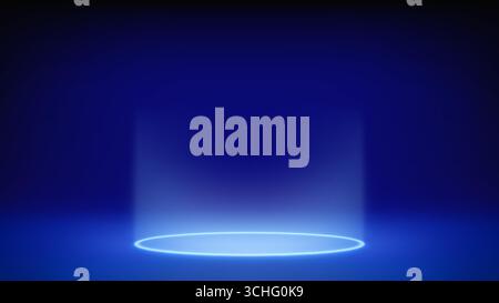 Futuristic glowing blue stage, studio. Empty room, circular neon lighting in floor. Product levitates, hangs. Blue background. Displaying products Stock Vector