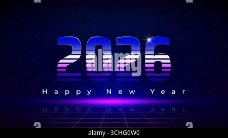 Happy New Year 2026, 26. Retro futuristic tech design in 80s style. New Year greeting card. Purple magenta blue numbers 2026, starry sky background Stock Vector