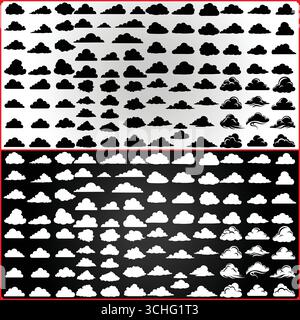 Collection of black and white cloud illustrations in various shapes and styles on contrasting backgrounds Stock Vector