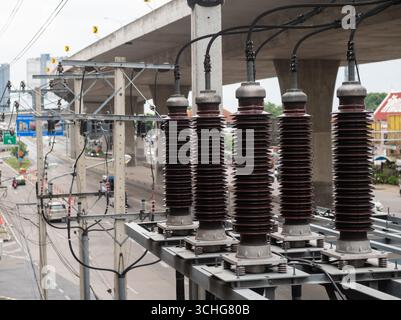 High voltage circuit breaker in a power substation Stock Photo