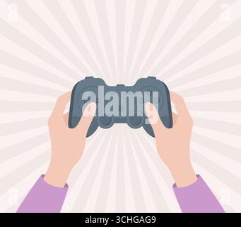 Hands holding game controller on radiant background, top view. Flat vector illustration Stock Vector
