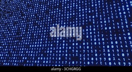Macro shot of abstract digital information, computer virus script, confidential data breach, futuristic tech display with blue text, programming langu Stock Photo