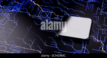 Computer hardware theme with powerful microchip on circuit board, concept of artificial intelligence, big data, innovation, and modern science and tec Stock Photo