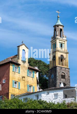 Campanile (bell tower) and other buildings in the unique Italianate style village of Portmeirion, located on the coast of North Wales, Wales, UK Stock Photo
