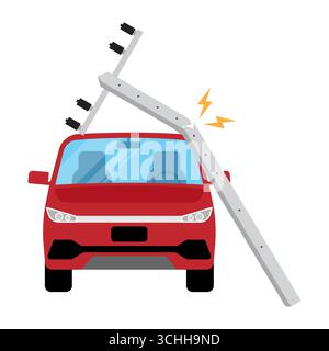 Electric Pole Fallen into Car. Nature Disaster, Accident, Accidental Damage, Car Accident. Vector Illustration. Stock Vector
