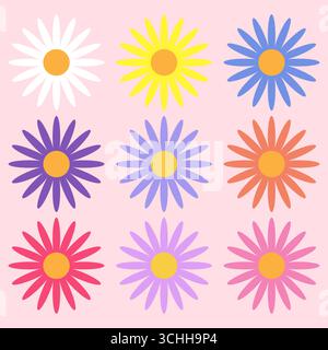 Set of Chamomiles daisy flowers. Vector Illustration Isolated on Plain Background. Stock Vector