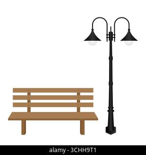 Wooden Bench and Street Lamp Post in the Park. Vector Illustration Isolated on White Background. Stock Vector