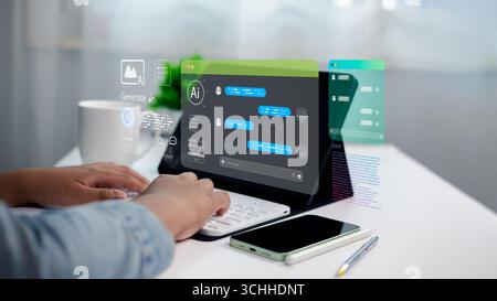 Person using tablet to interact with AI chatbot and futuristic interface. Concept of generative AI, machine learning, automation, data analytics, digi Stock Photo