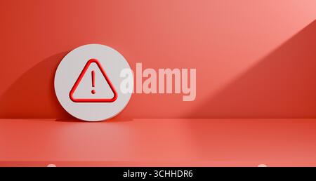 3D render of red warning symbol with exclamation mark in triangle on orange background. Concept of alert, caution, risk, danger, error, cybersecurity, Stock Photo