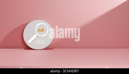 3D render of magnifying glass with rising bar chart on pink background. Symbol of SEO, digital marketing, web analytics, business growth, online adver Stock Photo
