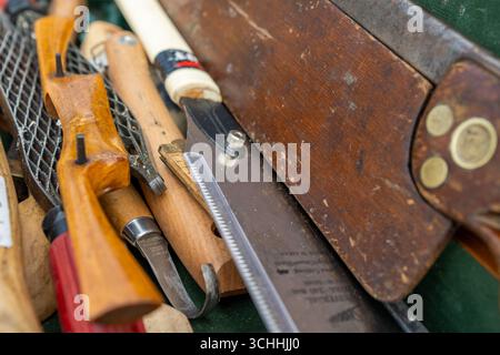 Traditional Irish antique woodworking tools in a toolbox. Stock Photo