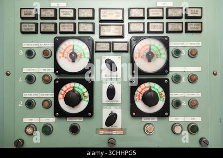 Ship control panel with buttons, switches, sensors and warning lights. Stock Photo