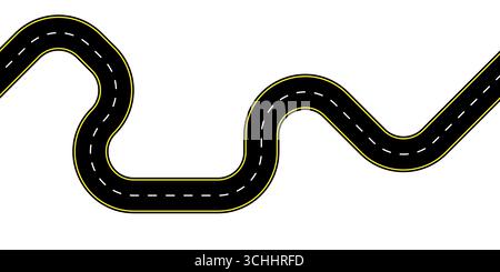 Top view illustration of a curved highway with dashed center lines and wavy asphalt texture winding path perfect for transport maps route graphics and Stock Vector