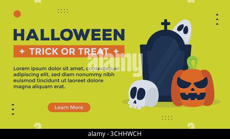Colorful Halloween design with playful and spooky characters like pumpkin, ghost, skull, and tombstone Stock Vector