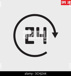 24 Service open 24h hours a day and 7 days a week. Flat isolated vector illustration in black on a white background. Stock Vector
