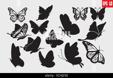 Set of Elegant Butterfly Silhouette Vector Icon – Black Butterfly Clipart for Logo, Tattoo, and Design Stock Vector