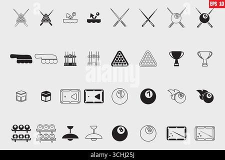Set of items for billiards. Collection of billiard room play equipment cue, ball, triangle, scoreboard and chalk, etc. Billiards simply symbol for web Stock Vector
