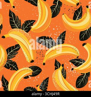 A lively and vibrant pattern featuring delicious bananas and lush leaves set against a bright orange backdrop Stock Vector