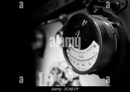 Black and white close-up photograph of vintage electrical control panel on historic Fram polar exploration ship Stock Photo