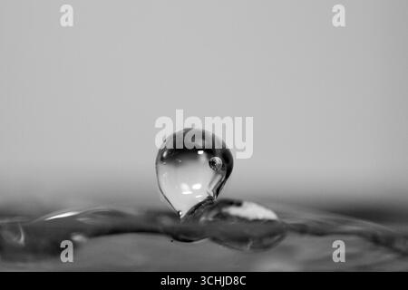 Monochrome water droplet bulges above the surface in a teardrop shape with reflections and ripples, captured in macro high-speed on a plain backdrop. Stock Photo