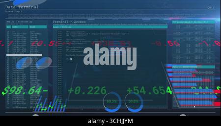 Displaying terminal interface on monitor, showing user ID table, code editor, progress indicators Stock Photo
