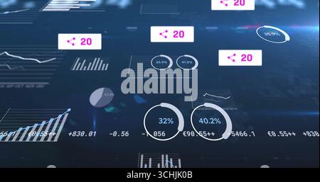 Displaying cluster floating in digital dashboard, with circular charts, line graphs and share icons Stock Photo