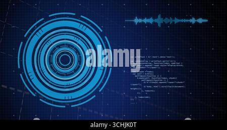 Floating futuristic circular HUD on dark blue grid, displaying audio waveform and JavaScript code Stock Photo