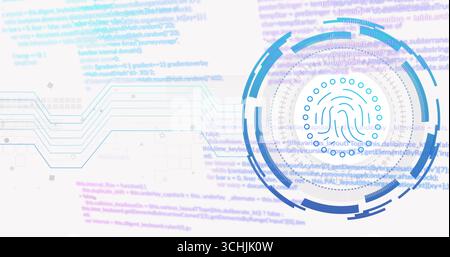 Displaying fingerprint scan graphic on cybersecurity dashboard, with circuit tracings and code Stock Photo