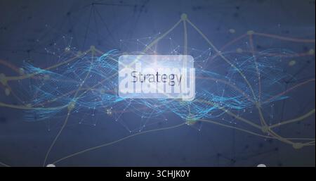 Displaying translucent overlay showing Strategy in data space, with blue waves and golden nodes Stock Photo