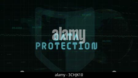 Displaying glowing DATA PROTECTION text with shield in grid, dotted globe numeric waveform overlays Stock Photo