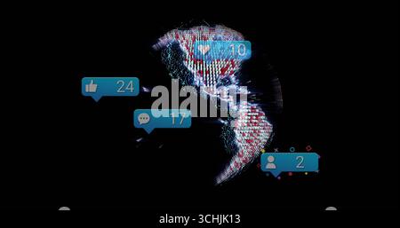 Displaying pixelated globe on dark data dashboard, with floating social media notification badges Stock Photo