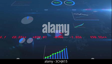 Dashboard displaying pie, line and bar charts in virtual space, with numeric overlays on hex grid Stock Photo