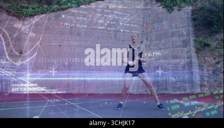 Standing athlete wearing tank top and shorts in sneakers on painted court, with ivy, data graphics Stock Photo